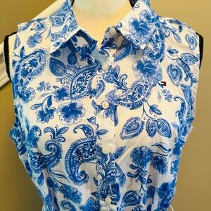 tommy hilfiger dress women Buttons Front Mini Blue/white Floral sleeveless Sz#10